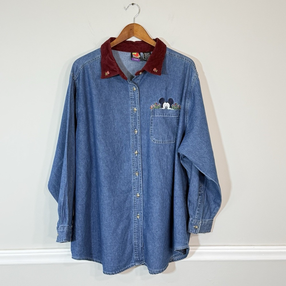 Vtg Y2K Micky Unlimited Embroidered Denim Shirt Womans 26/28 Disney Corduroy